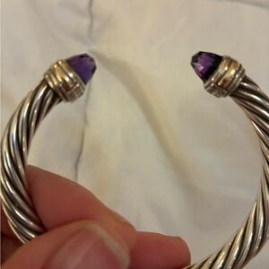 David Yurman Silver Cable Bracelet with Amethyst and gold accents